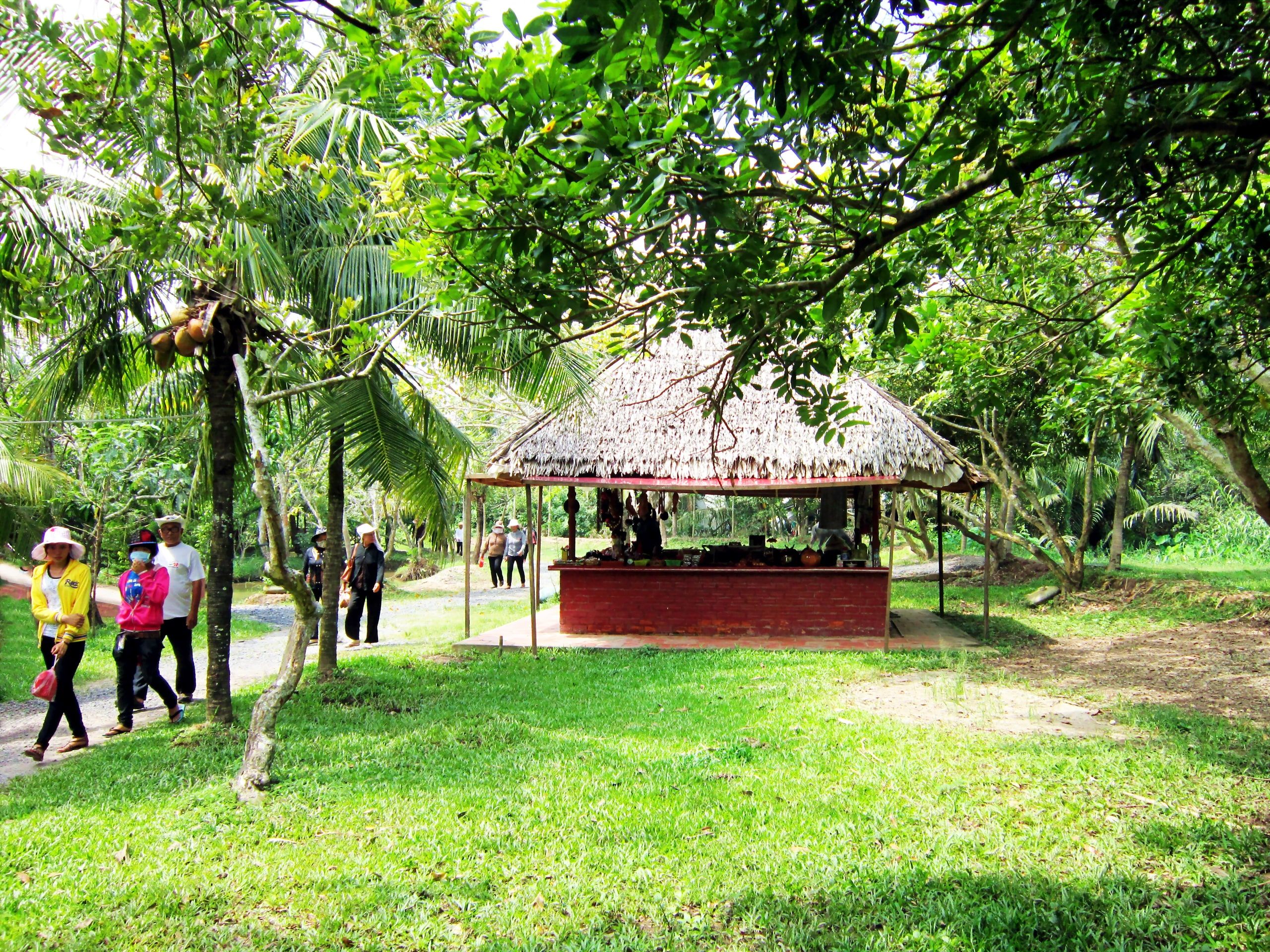 Des visiteurs se promènent sous les cocotiers de Cồn Phụng, près d'un kiosque au toit de chaume