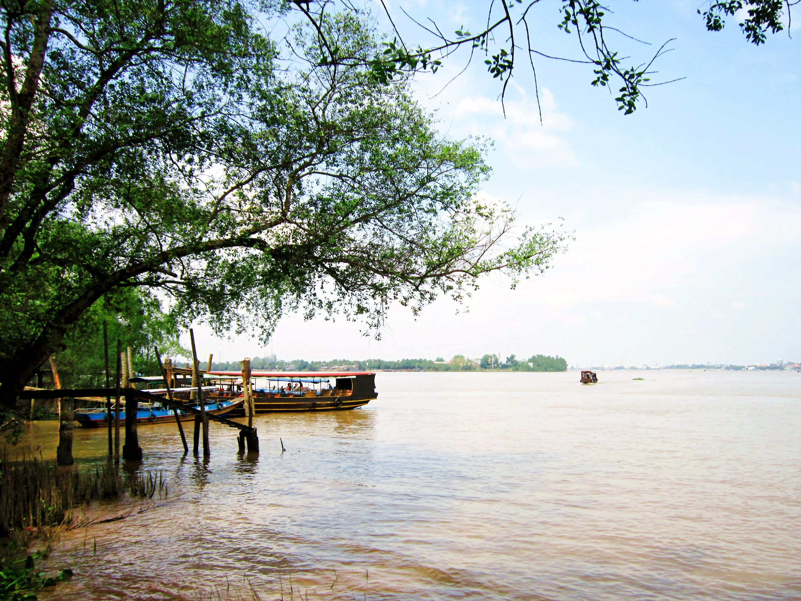 Un ponton et un bateau amarré sur la rive de Cồn Phụng, face au fleuve