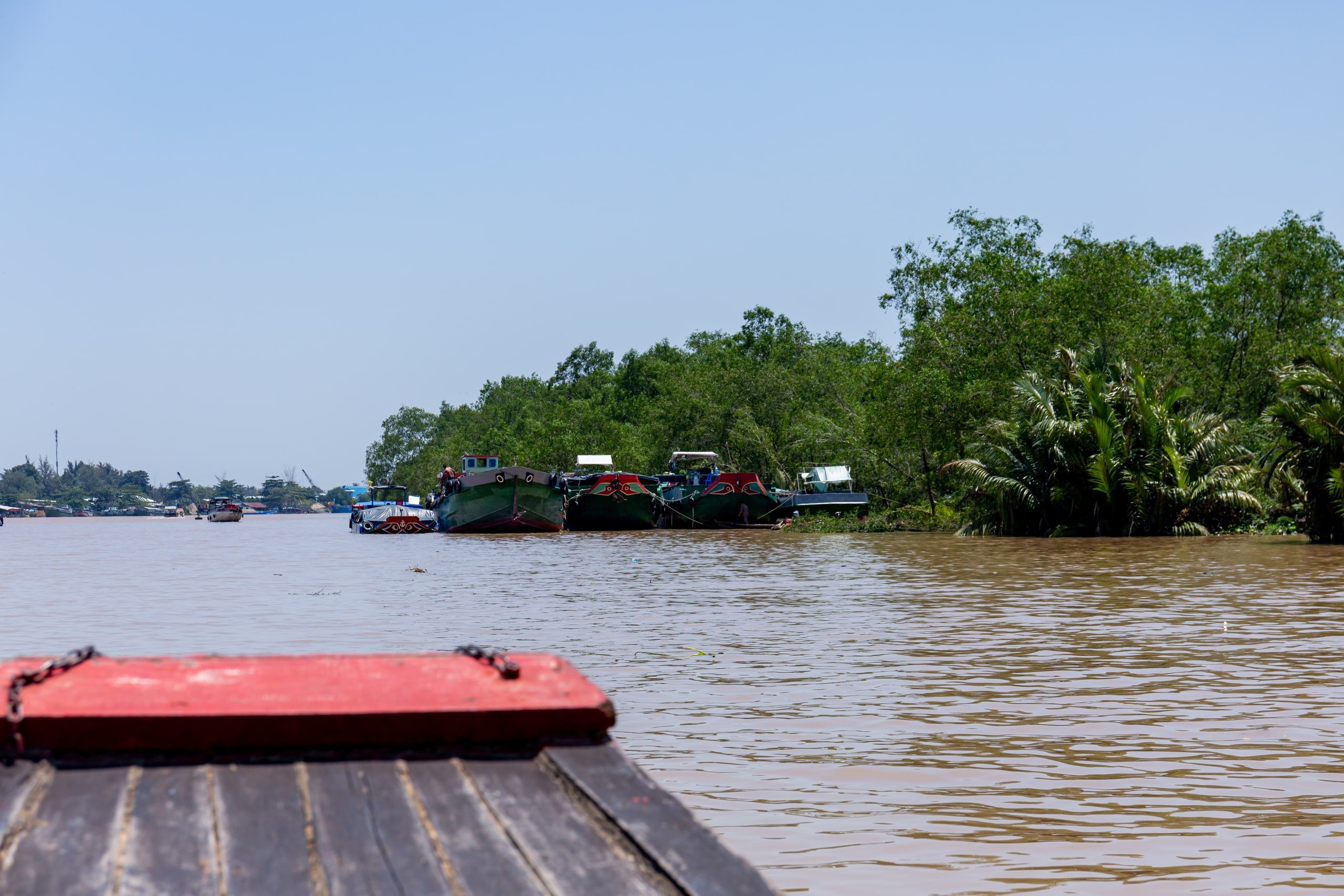 La proue d'une barque sur la rivière brune, face à une rive de palmiers nipa