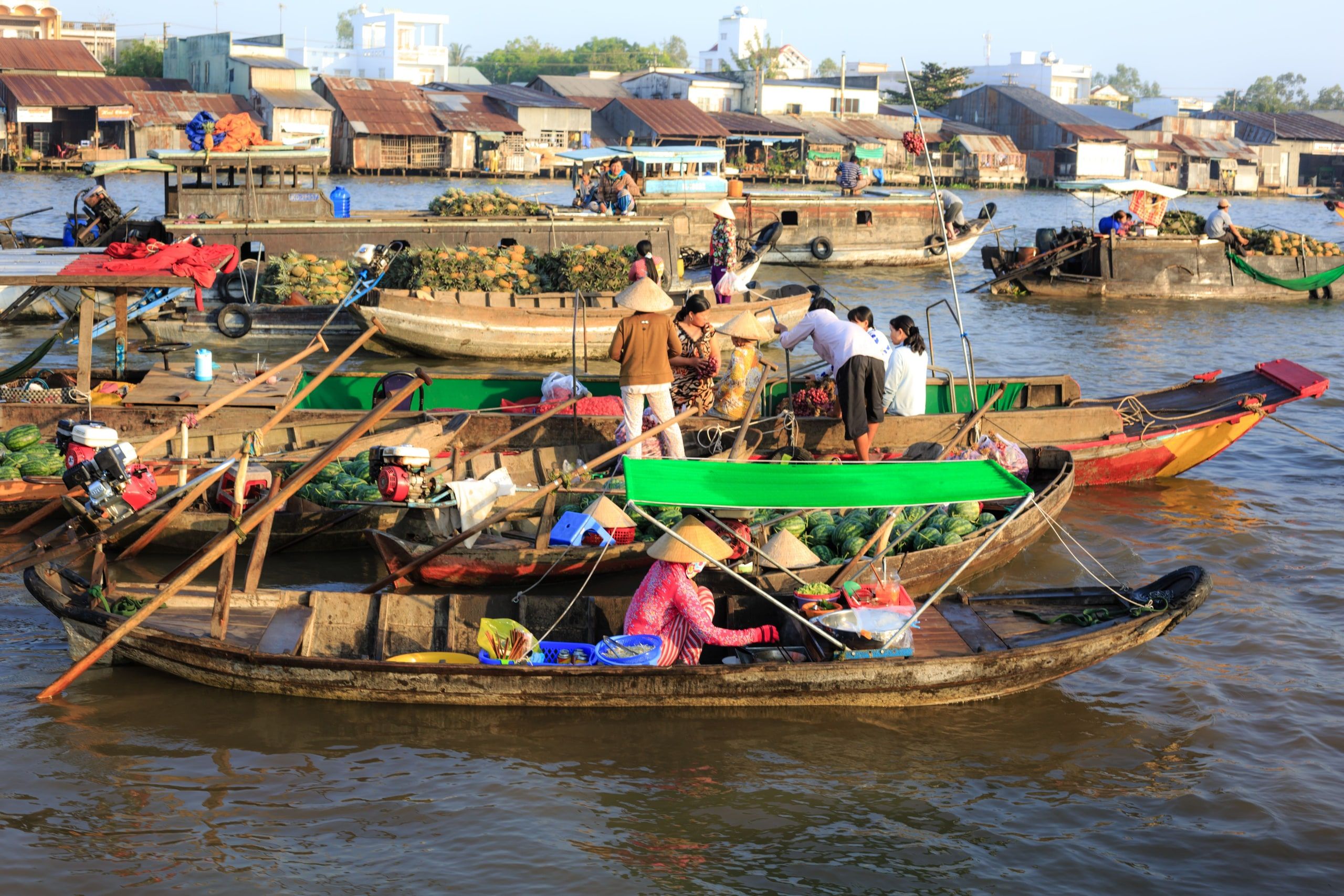Boats loaded with fruit and vegetables, vendors in conical hats and houseboats at the Cai Rang floating market