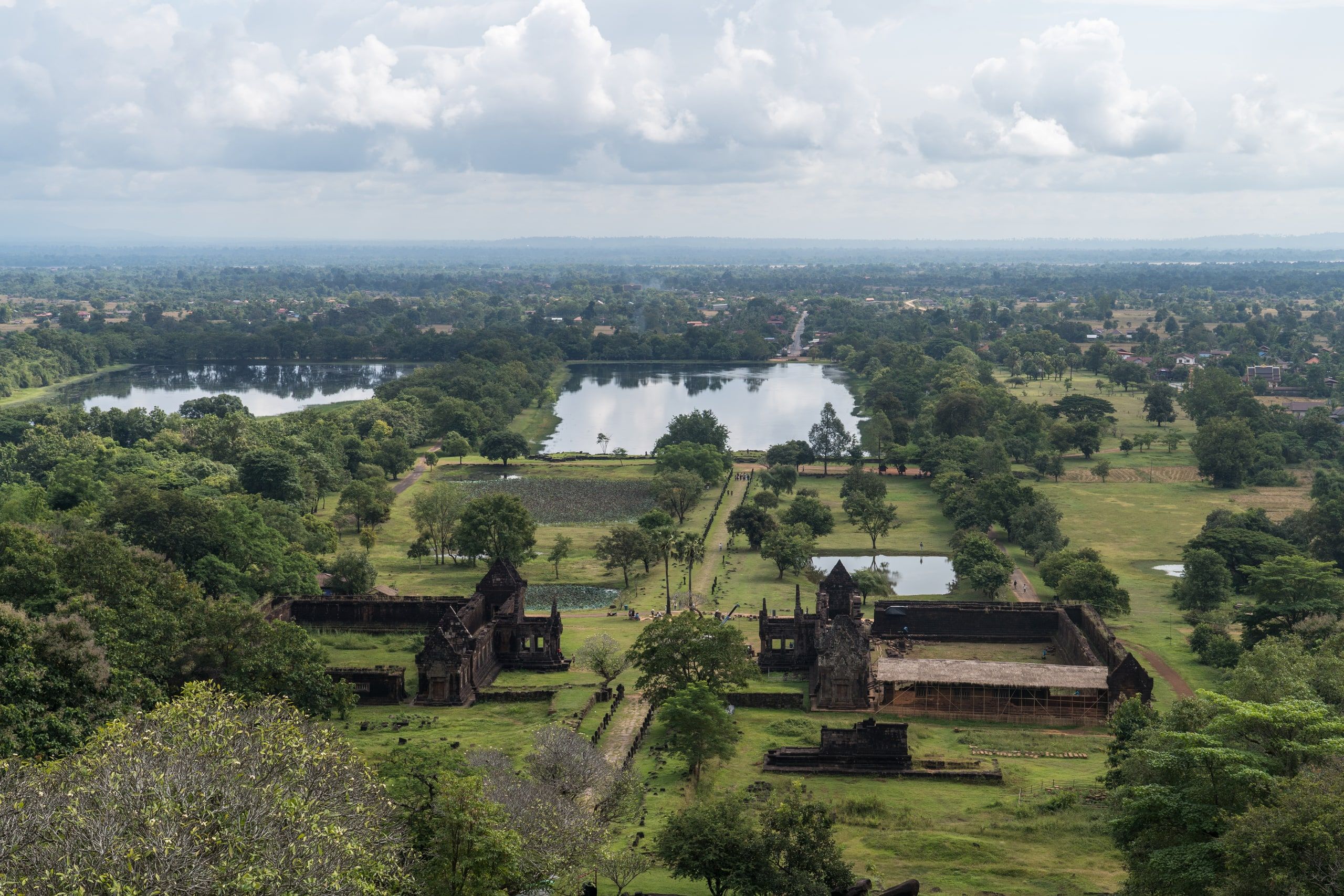 The Champasak plain seen from the Vat Phou sanctuary, the palaces and barays below