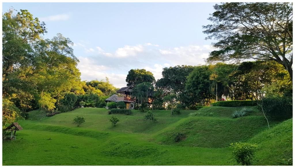 The rolling garden of Baan Sakuna, a lawn under tall trees, a wooden house in the background