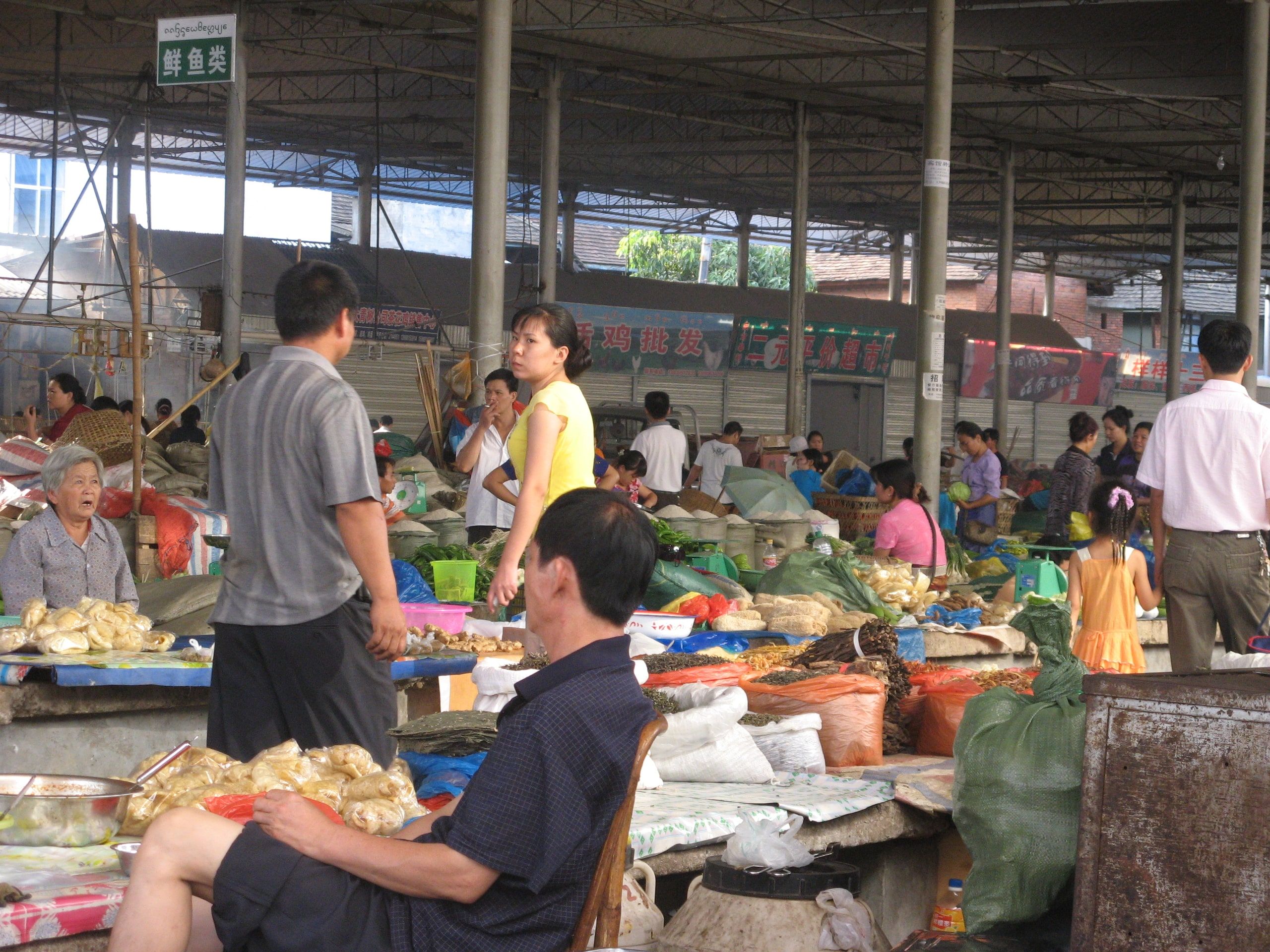 Fruit and vegetable sellers under a market hall in Jinghong