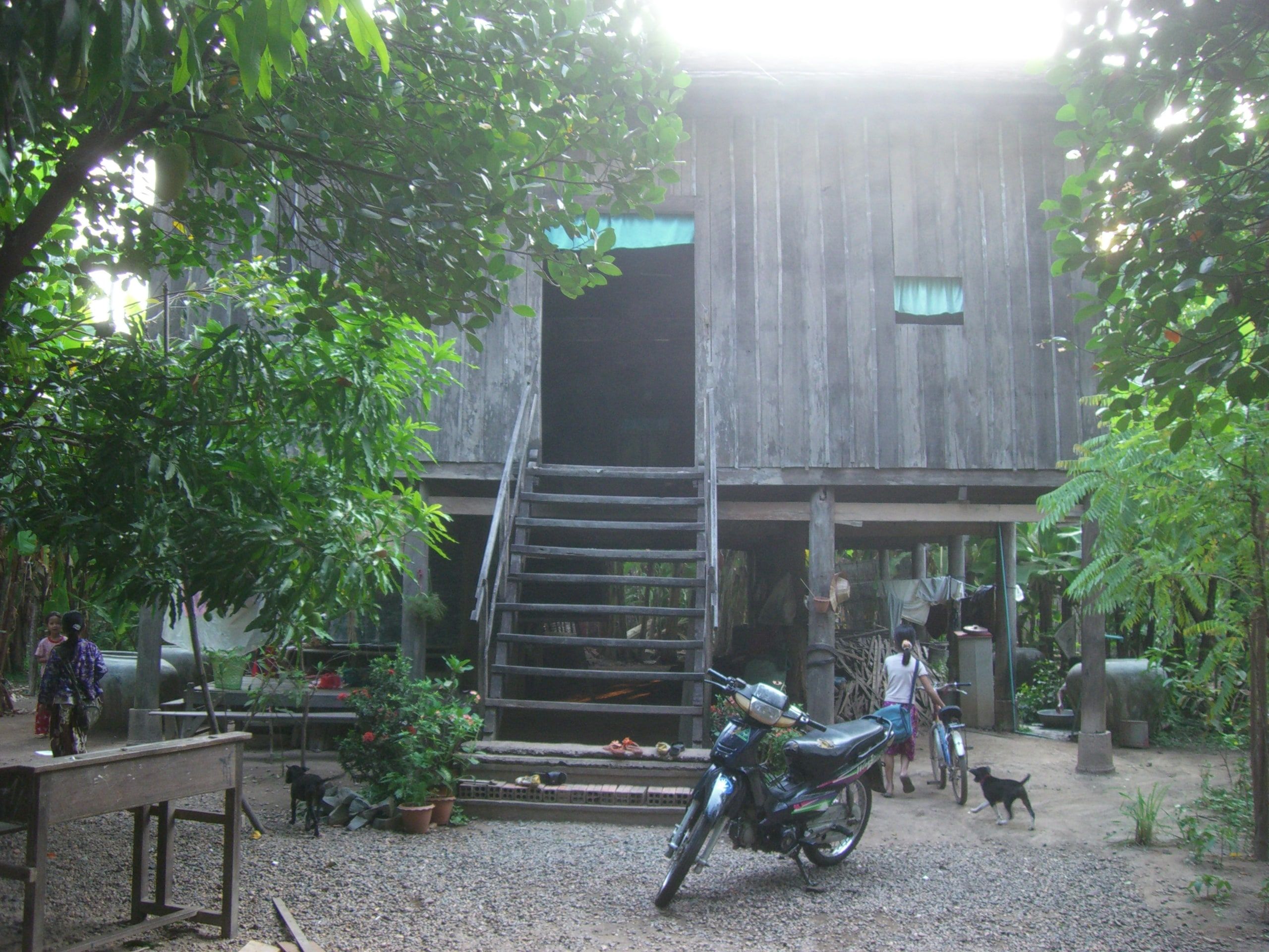A wooden stilt house in Kratie, with a staircase and a motorbike in front