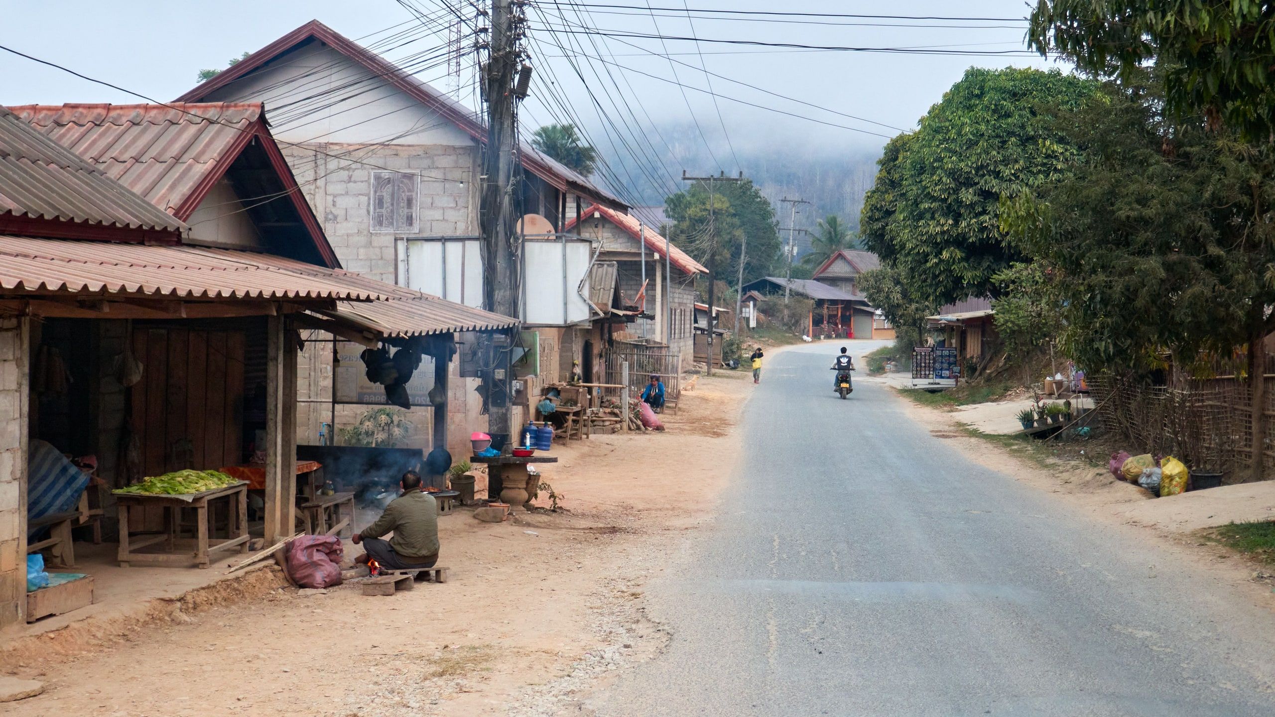 Une rue de village au Laos, des maisons et des étals au bord de la route