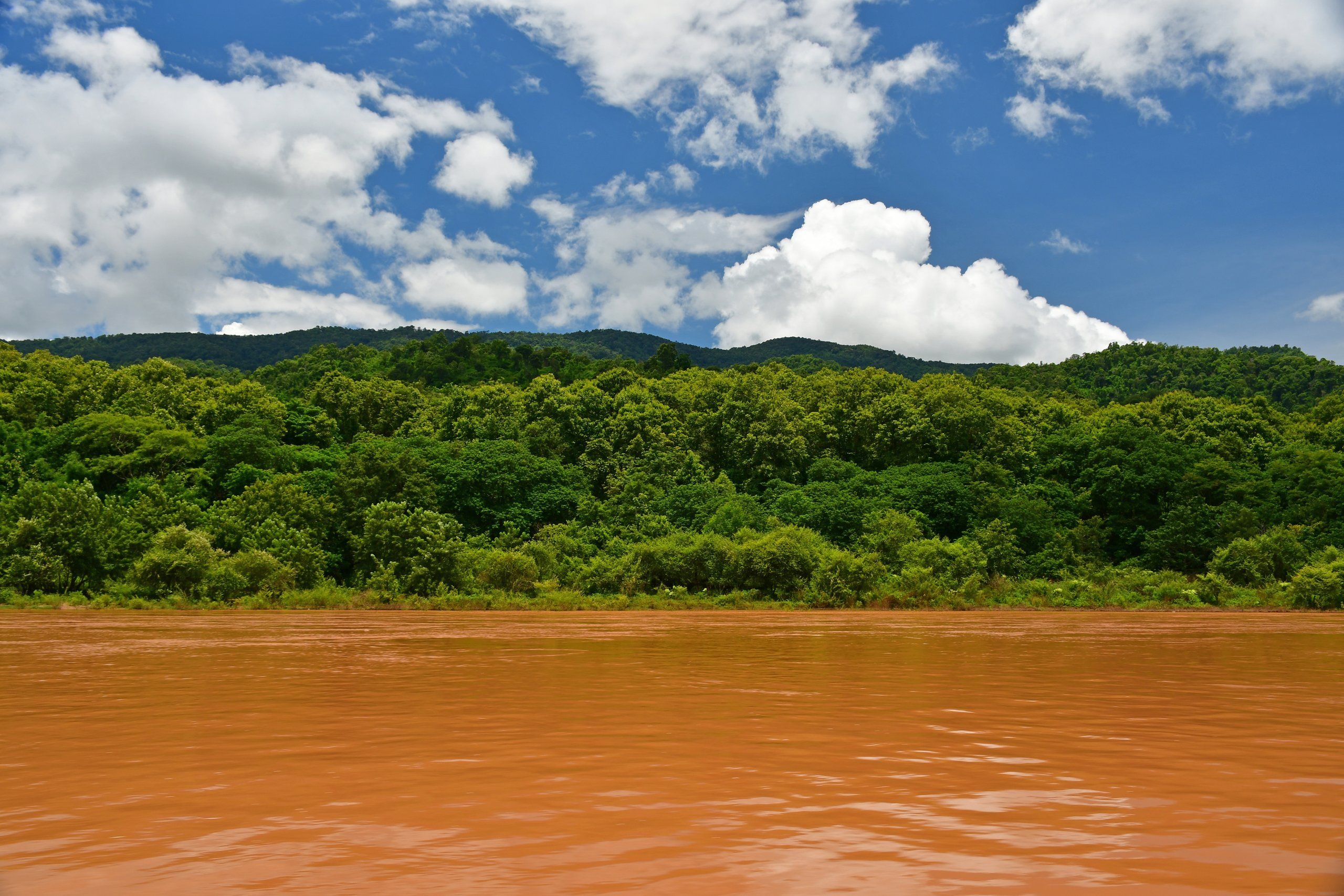 Le Mékong brun et haut entre des rives de forêt, près de Pakbeng, sous un ciel de nuages