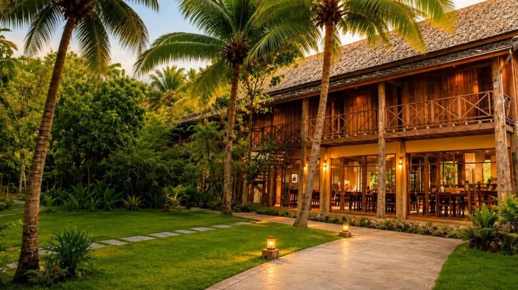 Le bâtiment en bois du My Dream Boutique Resort au crépuscule, le restaurant éclairé, une pelouse et des cocotiers
