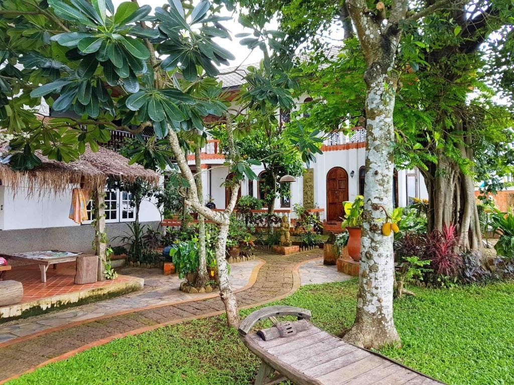 The tropical garden of Mut Mee Garden Guest House, paved paths under the trees