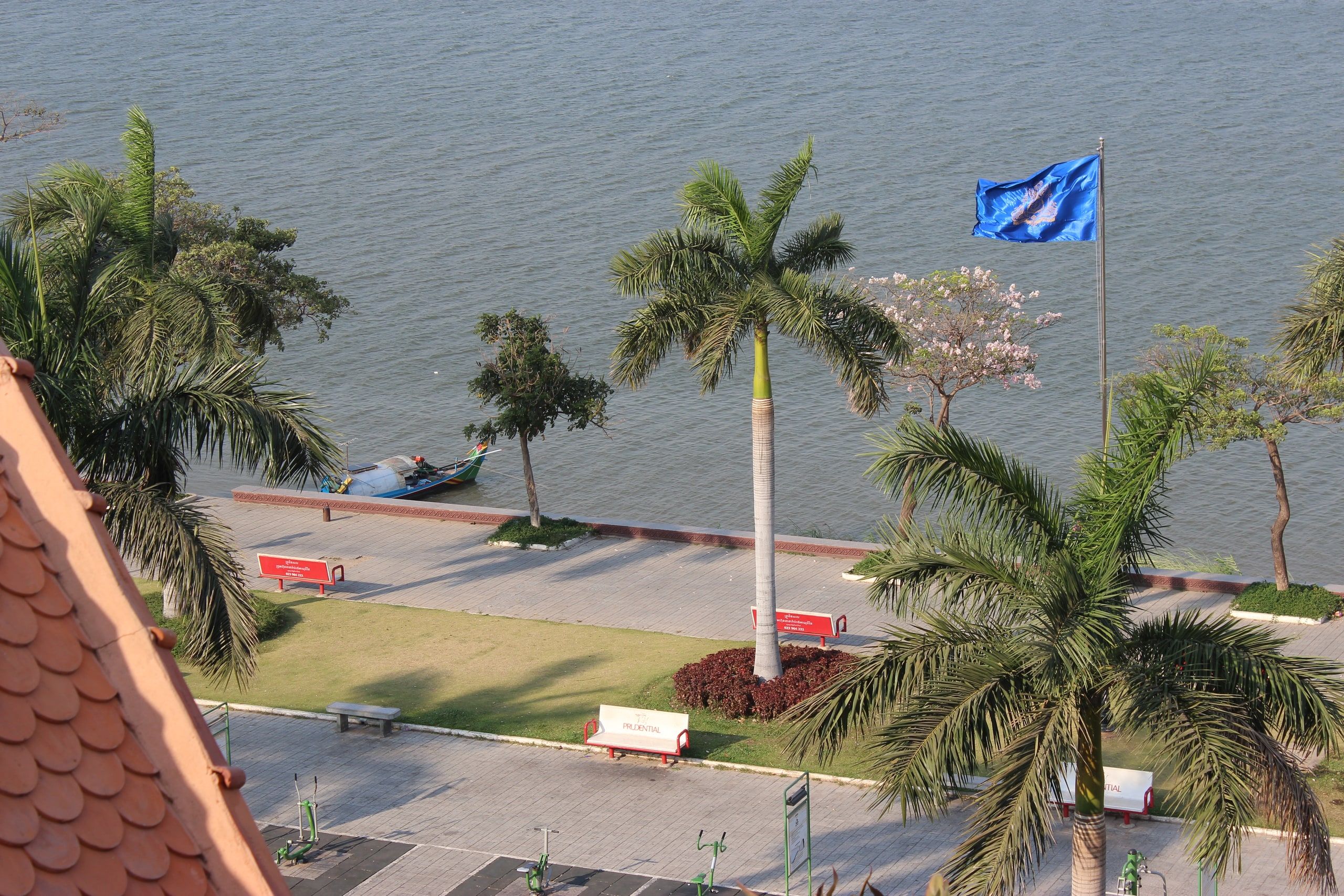 The Sisowath Quay promenade, its palm trees and the river, seen from above