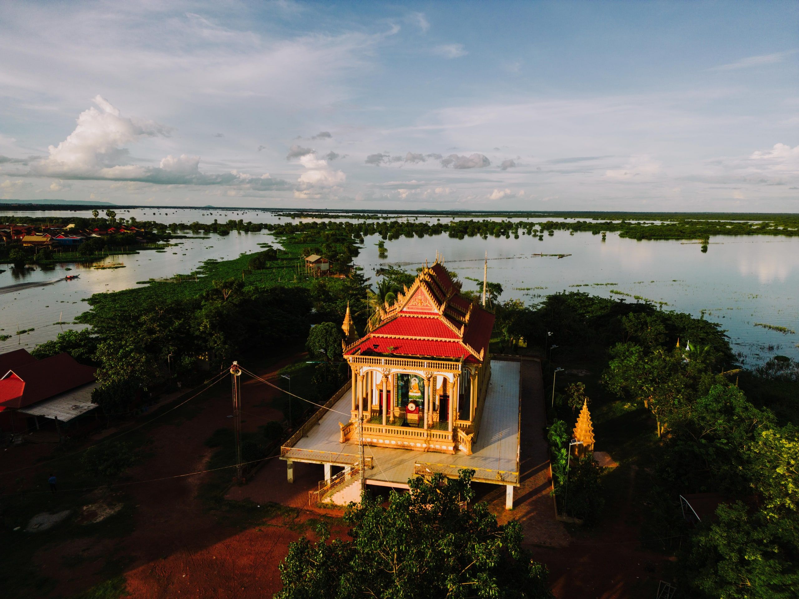 A pagoda in Kampong Khleang, Cambodia, surrounded by the Tonle Sap floodwaters