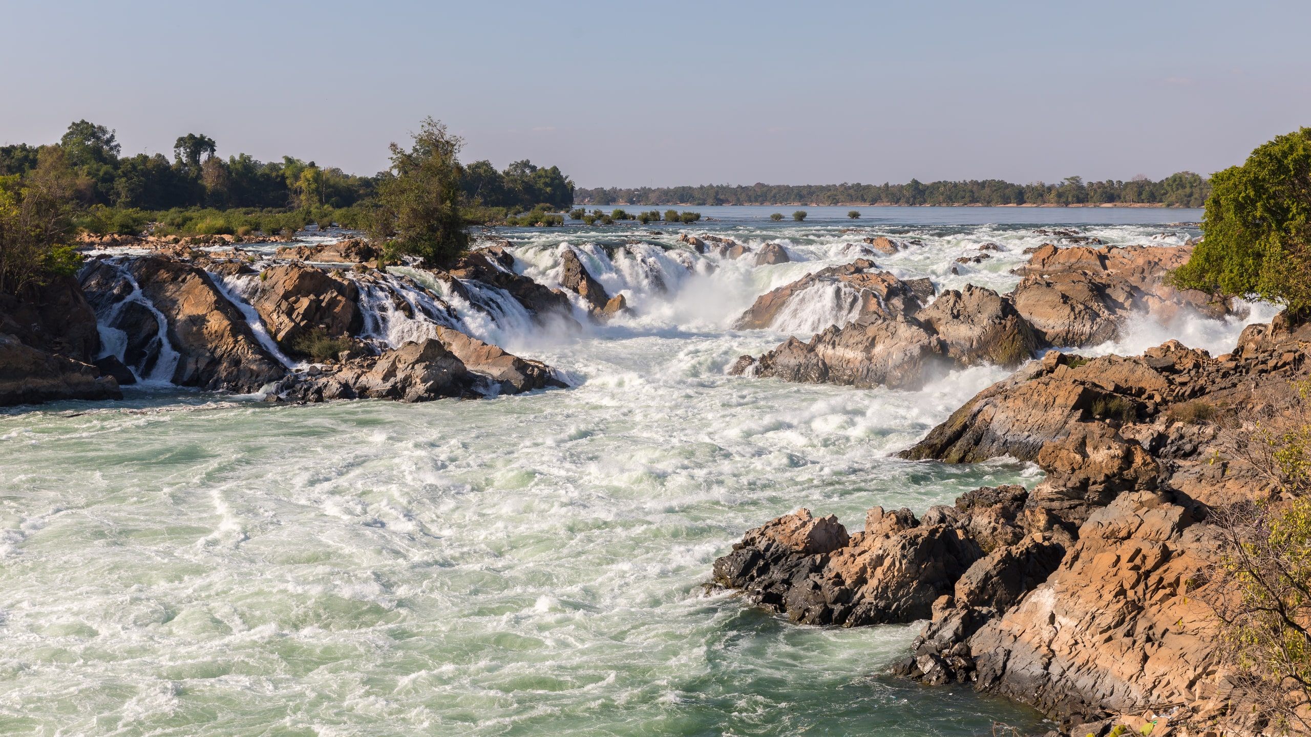 Khone Phapheng falls, the Mekong in rapids between rocks across its whole width