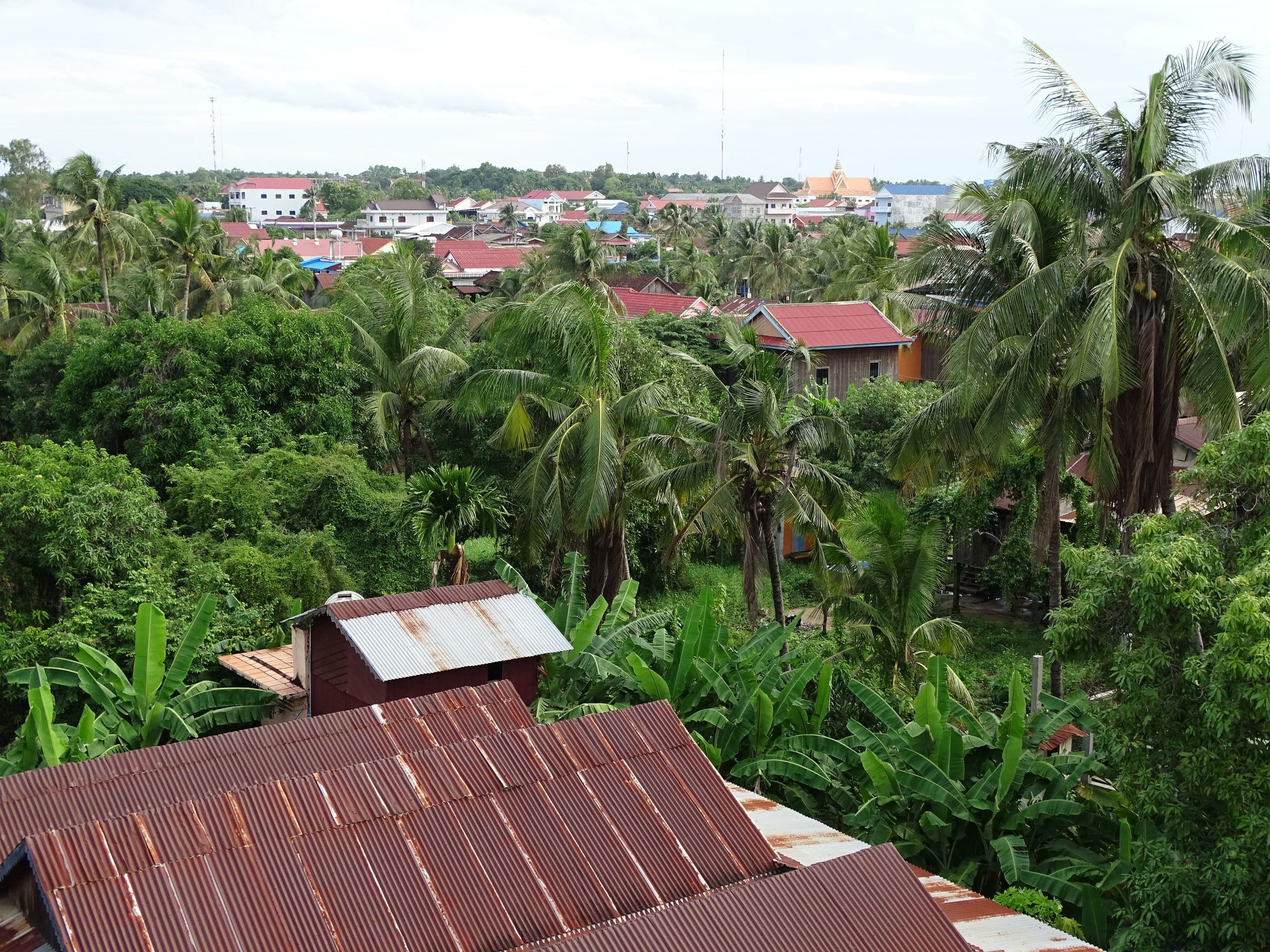 Stung Treng vue d'un toit, la ville entre les palmiers et un toit de tôle rouillée