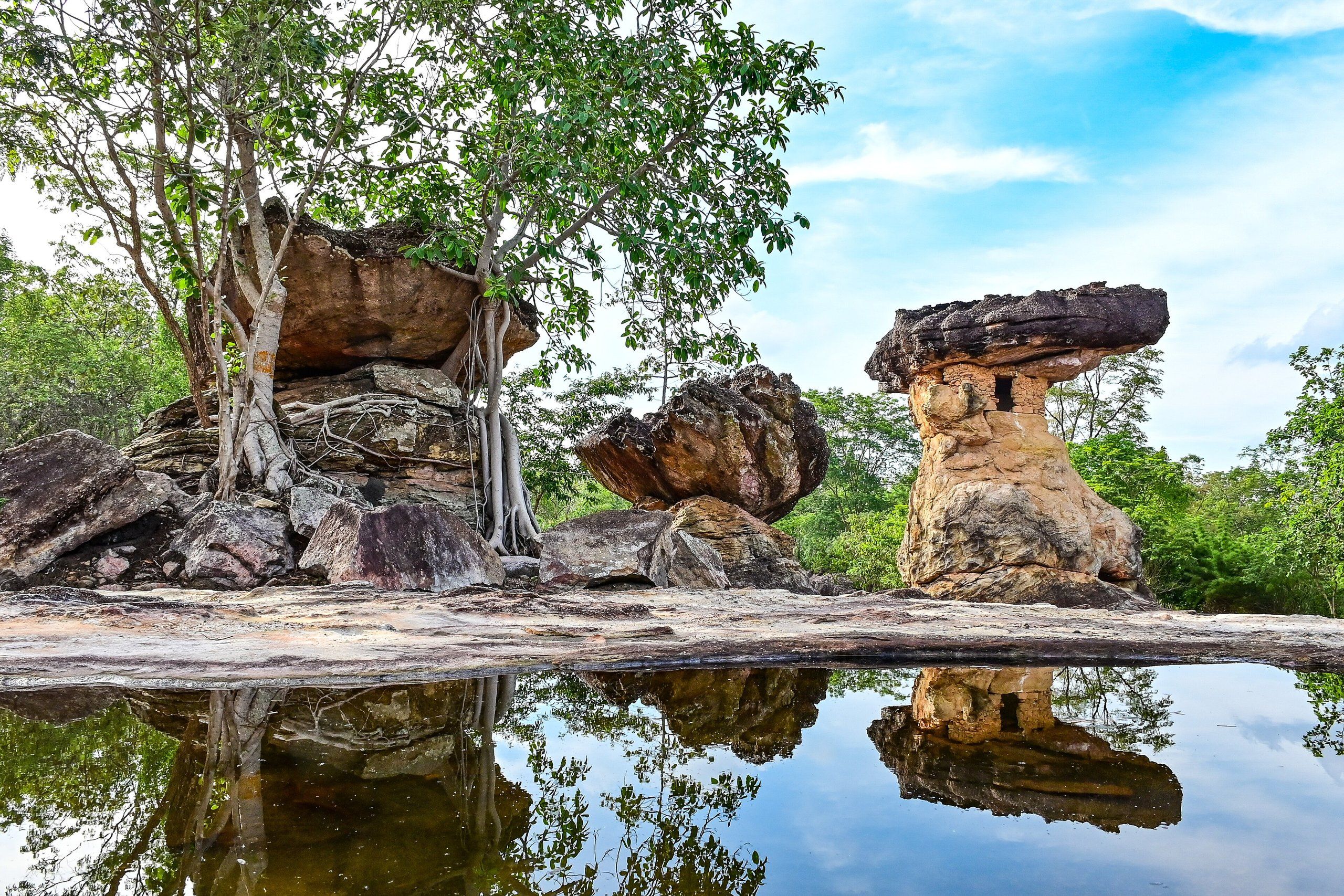 The mushroom-shaped Ho Nang Usa rock reflected in a pool, at Phu Phrabat