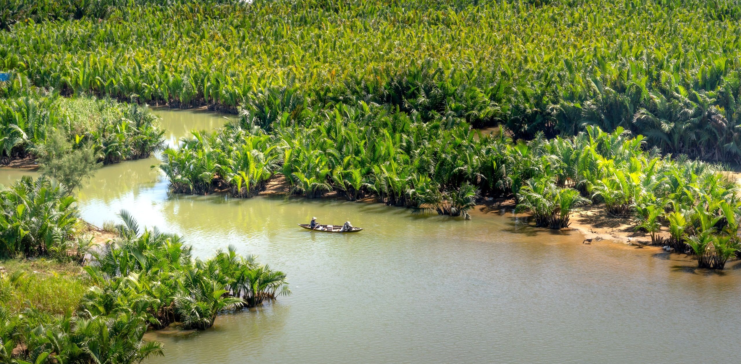 A branch of the Mekong in the delta, lined with nipa palms, with a small boat midstream