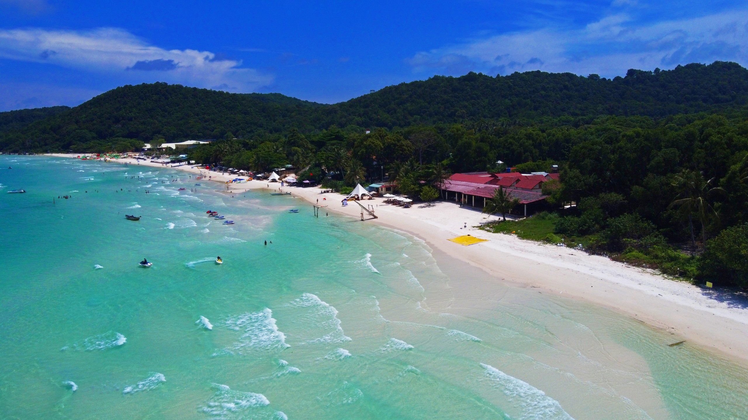 Bai Sao beach on Phu Quoc, white sand and turquoise water, from the air